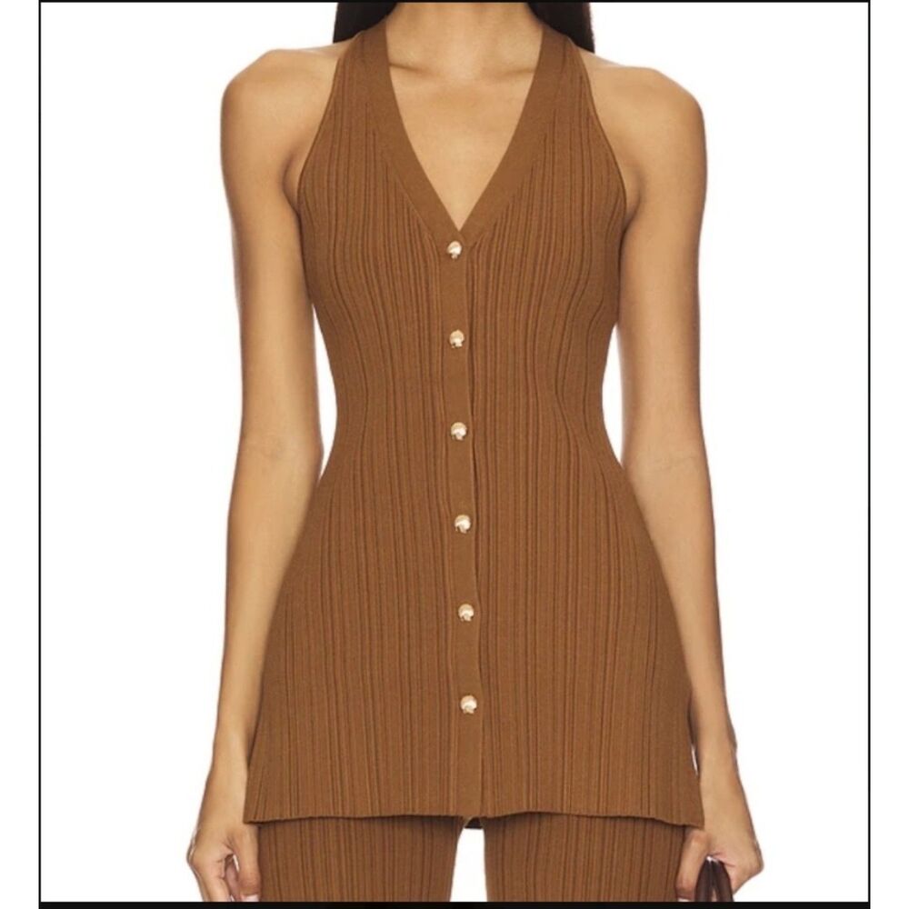 Veronica Beard Brown Ribbed Knit Halter Button Front Tunic Top Size Medium